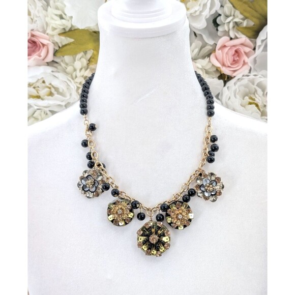 1946 Sequin Floral Gold Black Chunky Rhinestone Glam Statement Signed Necklace - Picture 1 of 5